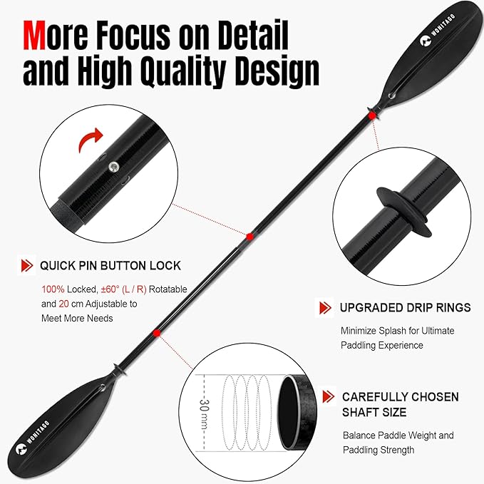 Kayak Paddles with Fiberglass Shaft and Reinforced PP Blade, Floating Adjustable Kayaking Oars, 3 Piece, 220-240 cm/86-94 Inches, 240-260 cm/94-102 Inches