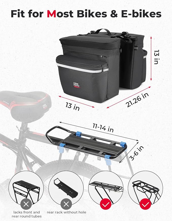 KEMIMOTO Bike Bag Panniers with Rain Cover, 34L Waterproof Bicycle Saddle Bag for Rear Rack Mountain Biking Bags Storage, Ebike Accessories for Commuter Grocery Shopping Travel Carrier, Black