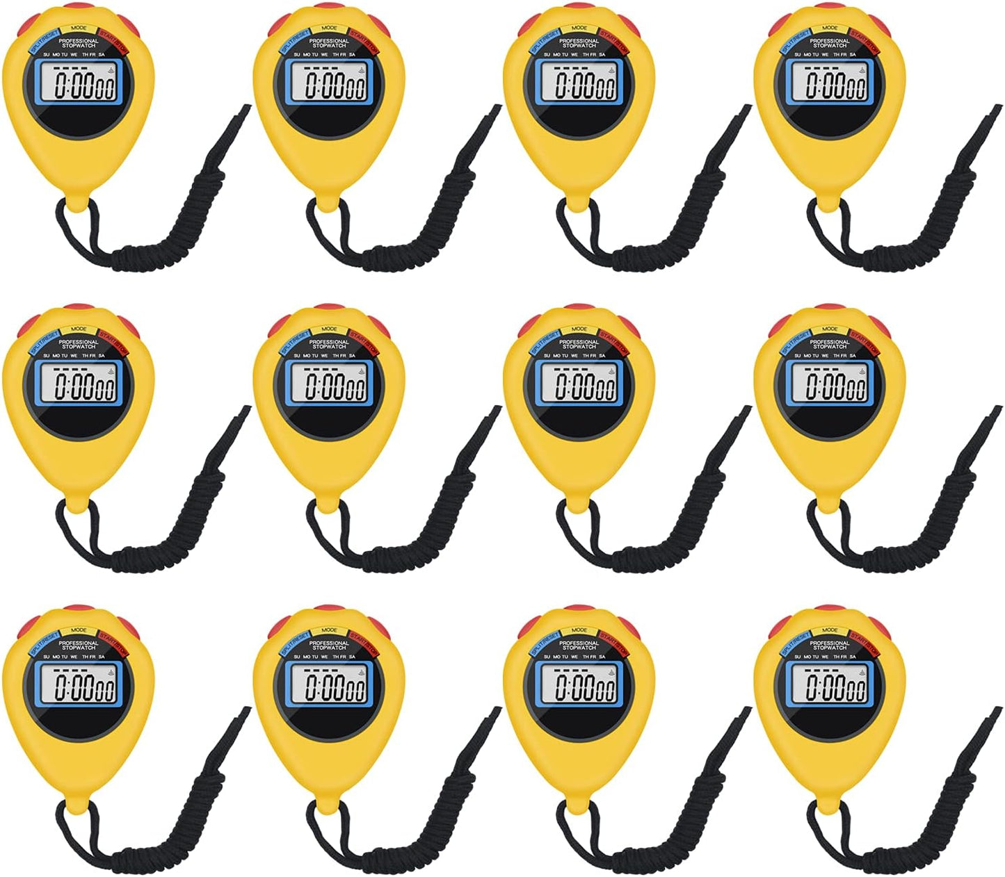 12 Pack Multi-Function Electronic Digital Sport Stopwatch Timer, Large Display with Date Time and Alarm Function,Suitable for Sports Coaches Fitness Coaches and Referees (Yellow)