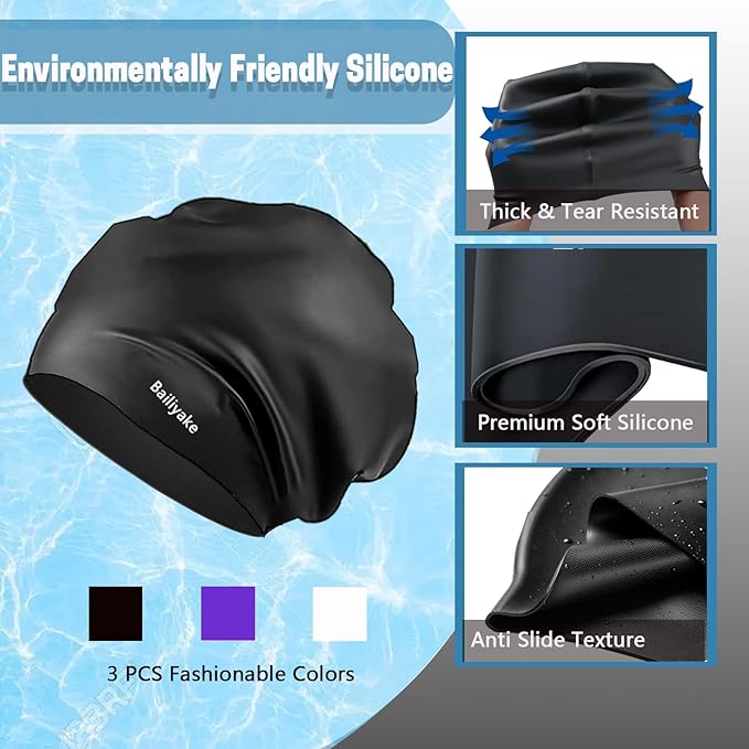 3 Pack Extra Large Swim Cap for Braids & Dreadlocks - Waterproof Silicone Swim Hat for Women with Long Thick Hair, Protective Swim Cap Cover Ears for Swimming, Shower, Bathing