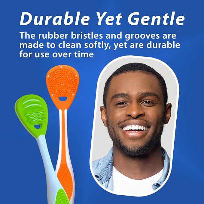 Tongue Cleaner (3-Pack) with Gentle Cheek Scraper. Two-Sided Head with Dual Action Cleaning for Fresh Breath.