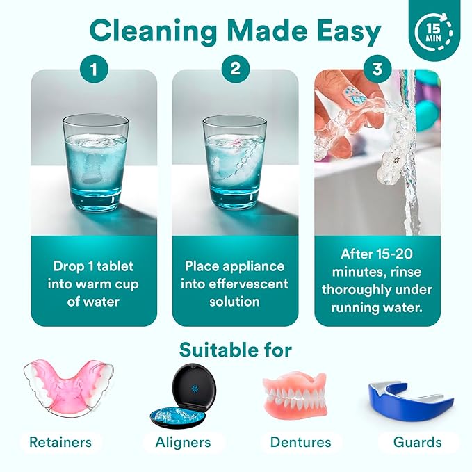 Weiss Naturals Retainer Cleaner Tablets, Invisalign Cleaner, Remove Stains, Odors & Plaque, PERSULFATE FREE Night Guard & Denture Cleaner 2-Month Supply, 60 Mint Scented Tablets