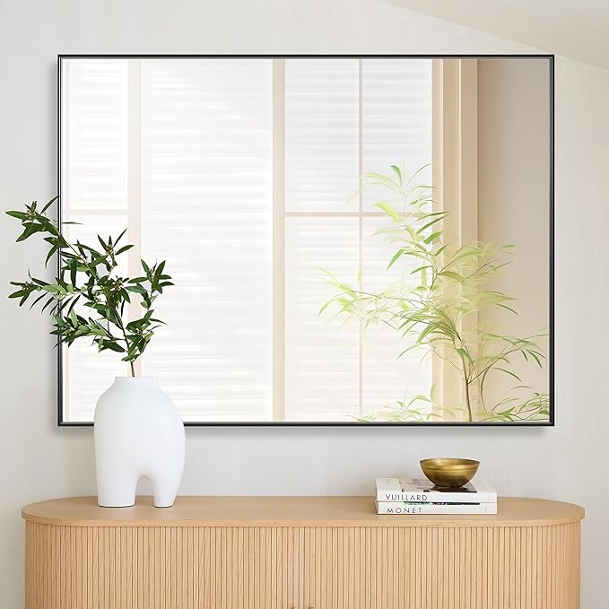 36x48 Inch Black Bathroom Mirror for Wall, Aluminum Frame Rectangle Rectangular Vanity Mirror, Modern Large for Bedroom, Living Room, Horizontal or Vertical