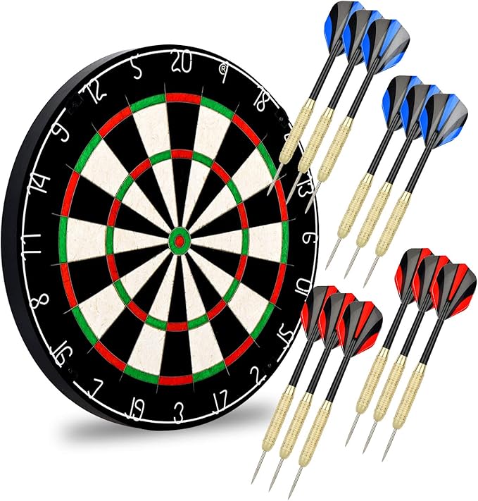 LinkVisions Dartboard with Staple-Free Bullseye, 18g Steel Tip Darts Set,12 Steel Tip Darts 18g, Dartboard Mounting Kits Included