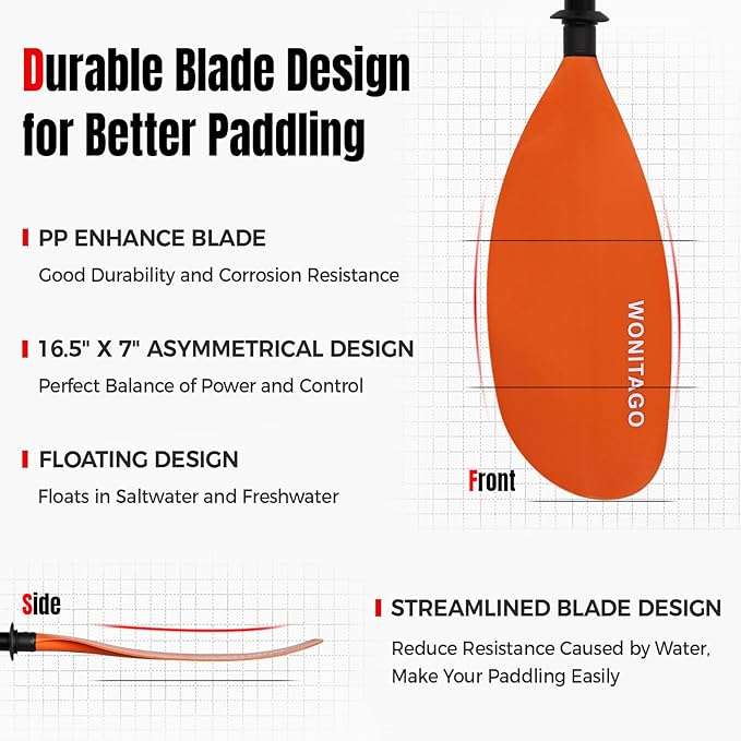 Kayak Paddles with Alloy Shaft and PP Blade, Floating Kayaking Oars, Adjustable 230-250 cm/90-98 Inches, 210-230 cm/82-90 Inches