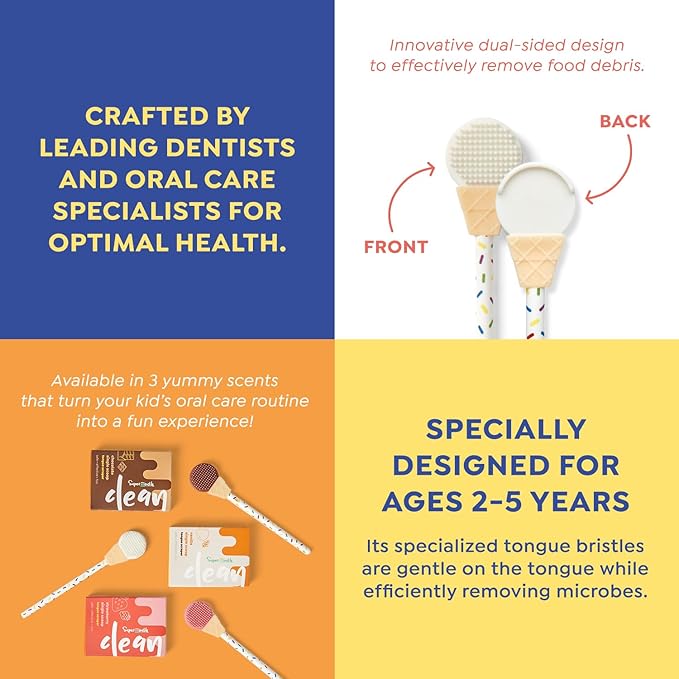 SuperMouth® Single Scoop Tongue Scraper for Toddlers & Kids Ages 2-5 – Dual-Sided Brush & Scraper Removes Odor-Causing Buildup, Fights Bad Breath, Gentle Easy-Grip Design, 3 Scents, Early Oral Care