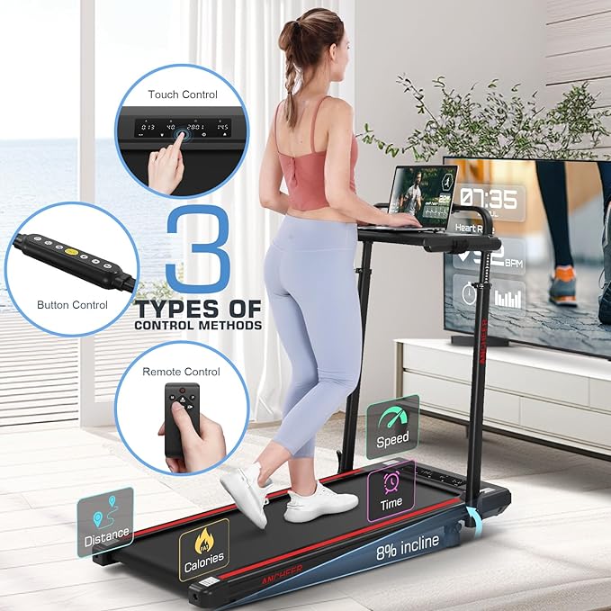 ANCHEER Walking Pad Treadmill with 12% Incline&Adjustable Height, 4 in 1 Under Desk Treadmills with Desk Workstation, Foldable Treadmill for Home 300lb,3 Type Control