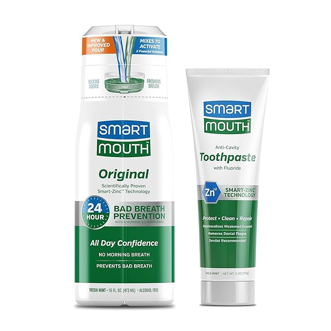 SmartMouth Premium Zinc Ion Toothpaste & Original Activated Mouthwash Combo - Whitening Toothpaste with Fluoride (Mild Mint Flavor) & Adult Mouthwash for Bad Breath (Fresh Mint Flavor)
