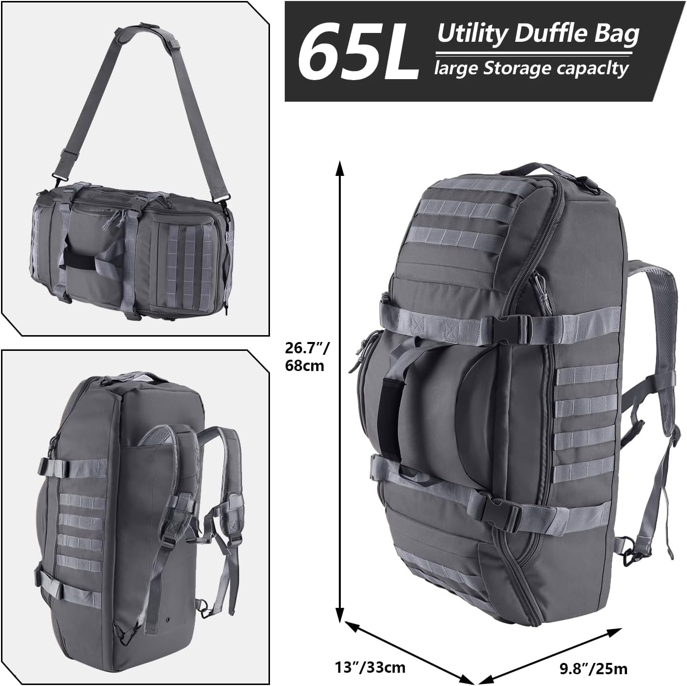 65L Large Duffle Bag, 3-in-1 Tactical Backpack MOLLE Pack for Sports, Gym, Outdoor, Grey