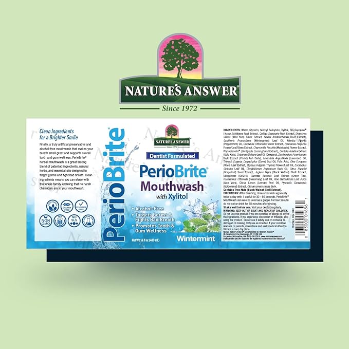 Nature's Answer Periobrite Alcohol-Free Mouthwash, Wintermint, 16 Ounce (2 Pack) | Fluoride Free | Natural Breath Freshener | Stain Remover | Natural Teeth Whitener