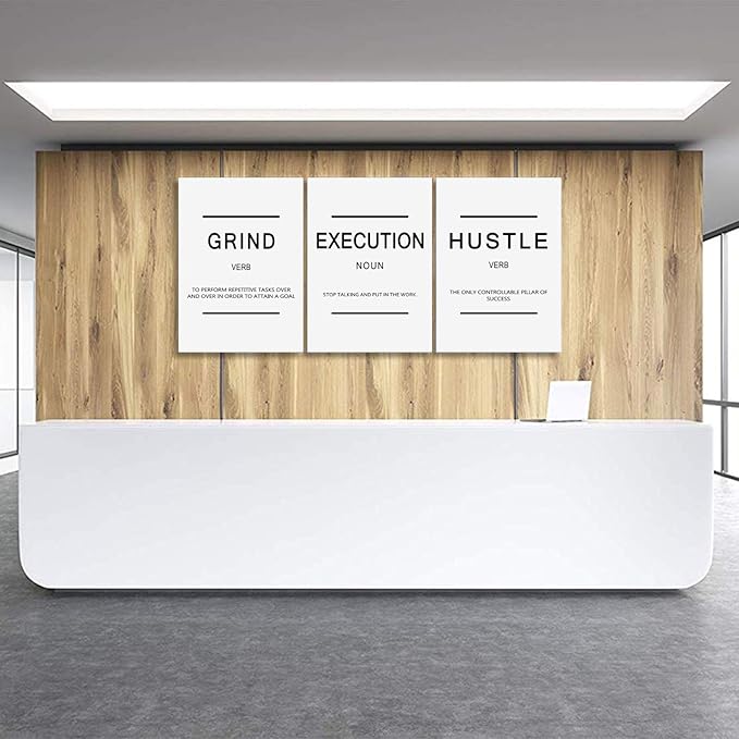 Inspirational Framed Canvas Wall Art - Grind Slogan, Success Quotes, Office Wall Art, Large Poster, Positive Motivational, Execute Poster (C-3pcs, 12x16in x3pcs)