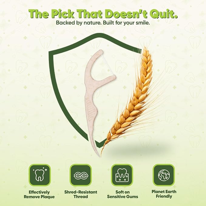 Biodegradable Floss Picks - Natural Straw Wheat Handle | Thin & Durable Thread for Tight Gaps! | Dental Flossers for Adults | Gentle on Gums & Teeth | Eco Friendly, Vegan, Natural (100 Pack, Mint)