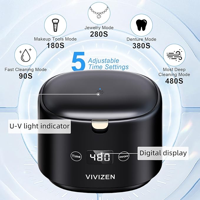 Ultrasonic Retainer Cleaner Machine Sonic Dental Cleaning Machine for Dentures, Aligners, Braces, Mouth Guards, Jewelry, Portable 30W/45kHz (Black)