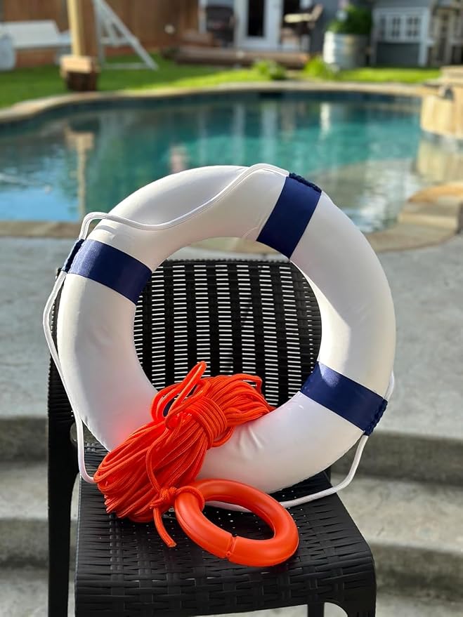 Lifebuoy Set 20Inch Life Preserver Ring and Water Floating Lifesaving Rope 98.4FT,Swim Foam Buoy,Swimming Pool Safety Throwing Ring with Perimeter Rope,Throwable Flotation Device