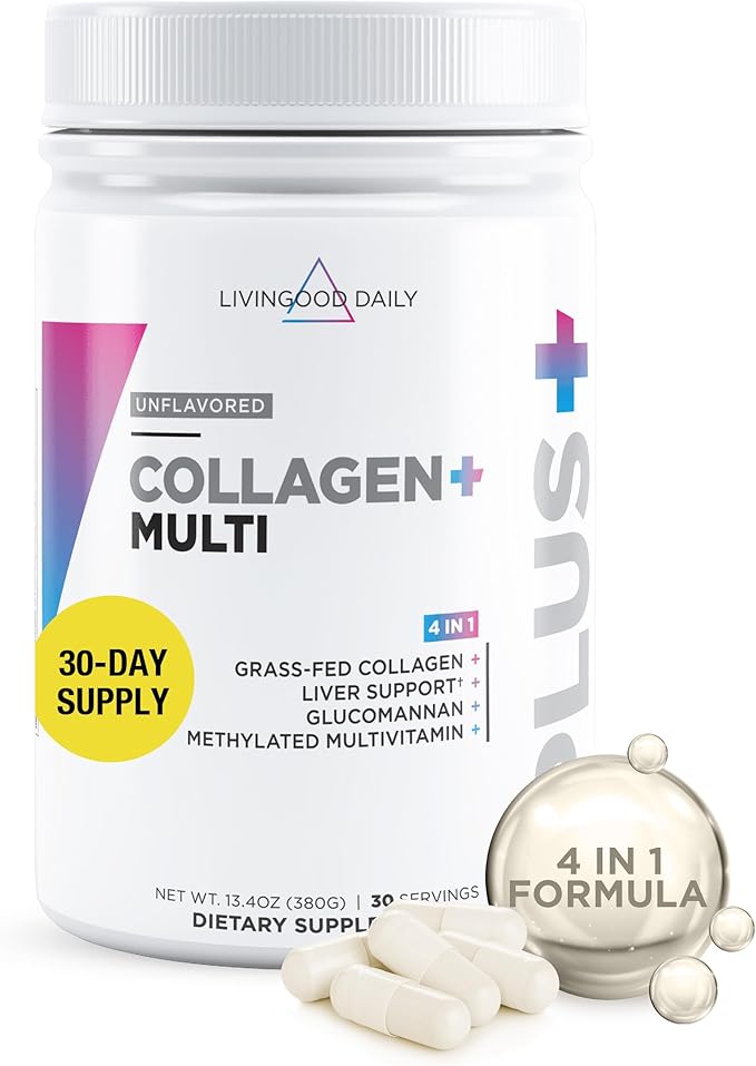 Livingood Daily Collagen Powder for Women & Men, Unflavored, Grass Fed Hydrolyzed Collagen Peptides, Protein & Multivitamins for Healthy Hair, Skin & Nails, Keto & Paleo, Gluten Free, 30 Servings