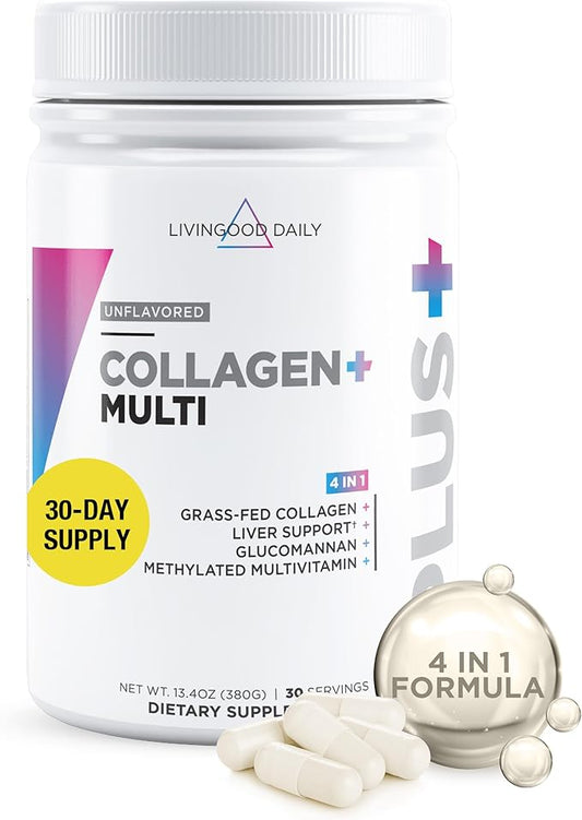 Livingood Daily Collagen Powder for Women & Men, Unflavored, Grass Fed Hydrolyzed Collagen Peptides, Protein & Multivitamins for Healthy Hair, Skin & Nails, Keto & Paleo, Gluten Free, 30 Servings