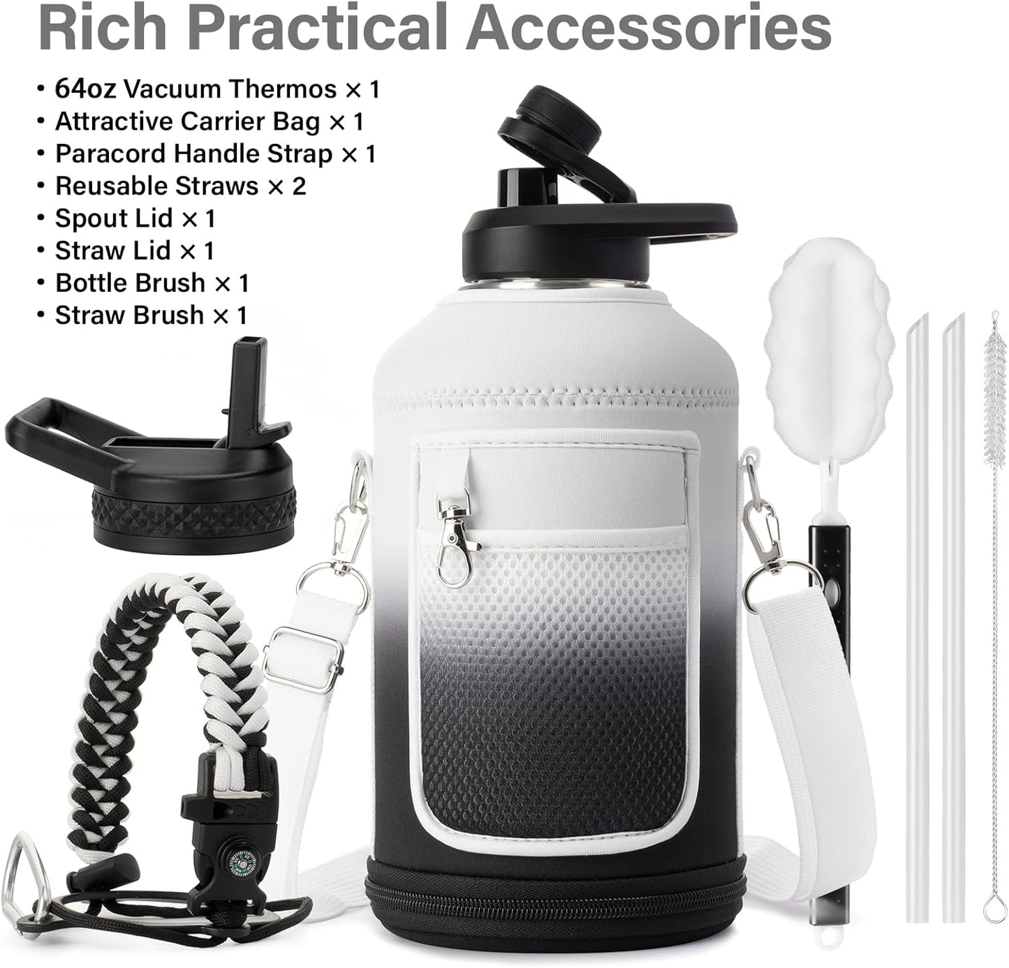 Insulated Water Bottle | Thickened Stainless Steel Vacuum Metal | Portable Sports Half Gallon Large Water Jug for Gym and Hiking with Straw, Carrier Bag, Handle Strap | BPA-Free 64 oz