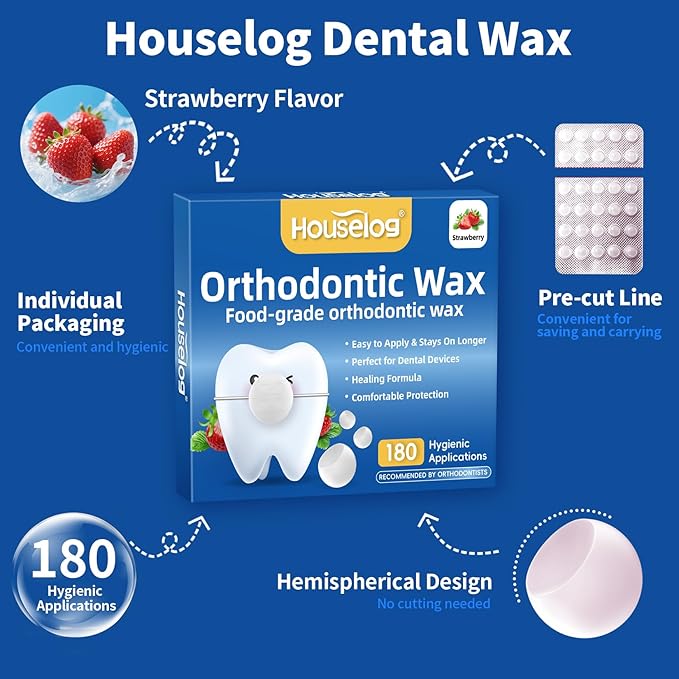 Orthodontic Wax for Braces - 180 Dental Wax Dots | Strawberry Flavor, Hygienic Individual Wraps, Brace Wax for Brackets