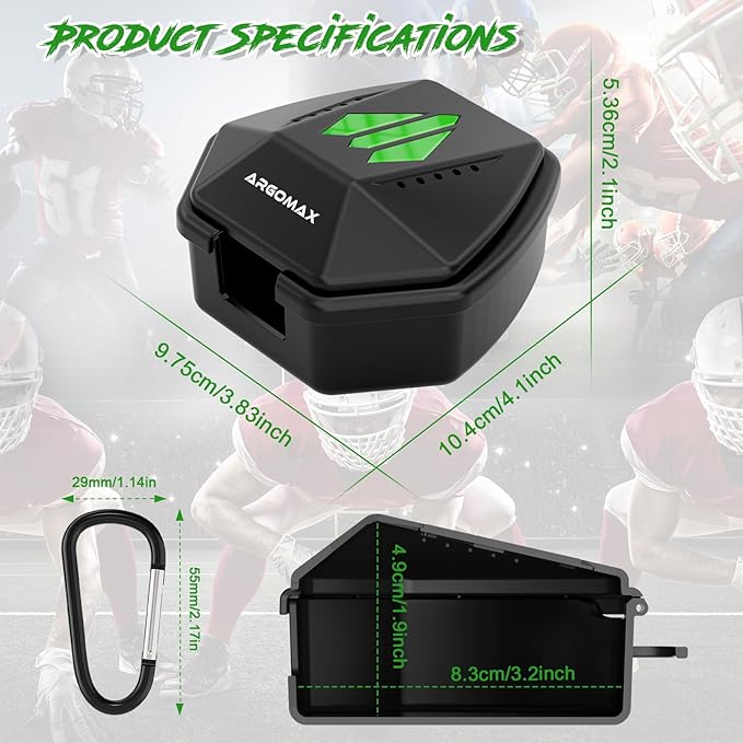 ARGOMAX Sports Lip Guard Case with Clip, Specializing Storage of Mouthguards with Lip Protection. Compatible with Various Brands of Football Lip Guard, Black+Green.