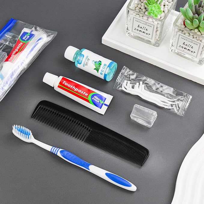 100 Set Travel Toothbrush Kit Bulk,Disposable Toothbrush with Toothpaste Set with Mouthwash,Toothpaste,Cover,Comb,Zip Bag,Floss Picks,Toothbrushes Set for Homeless,Travel