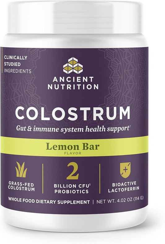 Ancient Nutrition Colostrum Superfood Powder, Grass Fed Bovine Colostrum, Supports Healthy Gut Microbiome and Immune System, Clinically Studied Lactoferrin & Probiotics, Lemon Bar, 60 Servings