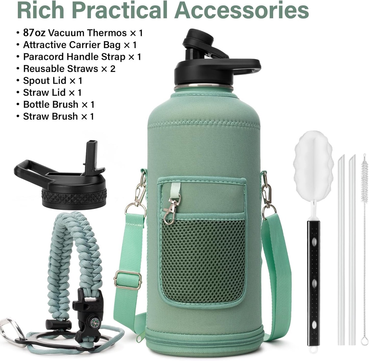 Insulated Water Bottle | Thickened Stainless Steel for Gym and Hiking with Straw, Carrier Bag, Handle Strap | BPA-Free 87 oz