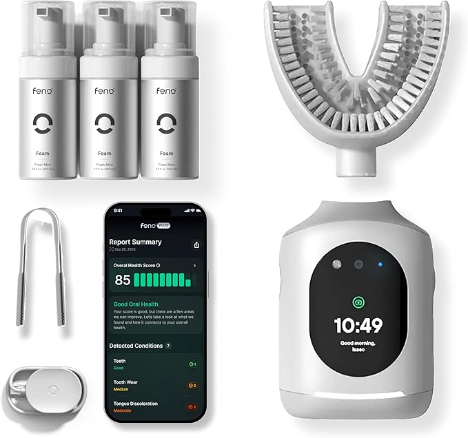 Feno Smartbrush Founders Edition Plus – AI-Powered Electric Toothbrush with Personalized Mouthpiece, Foam Toothpaste (3 Tubes), Tongue Scraper & 12-Month Plus Subscription