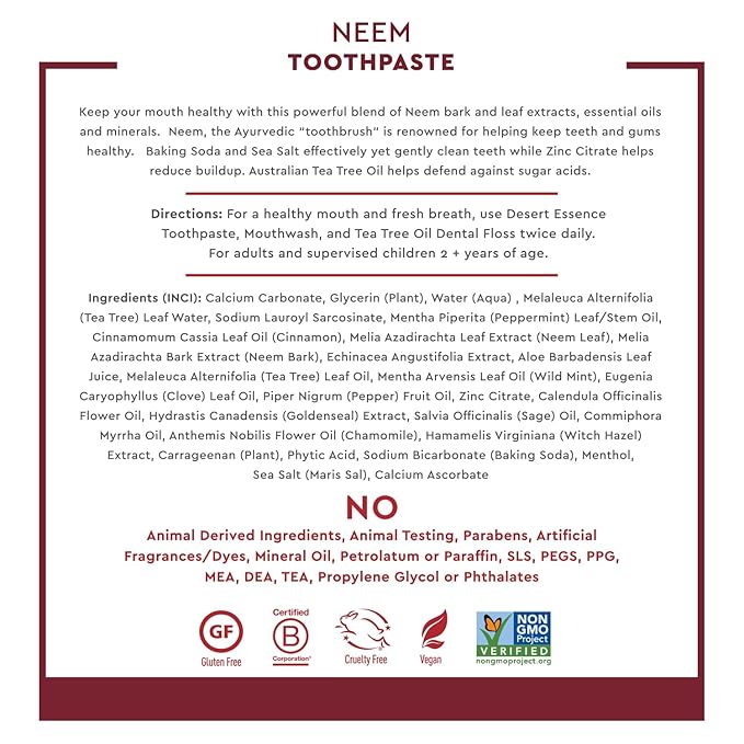 Desert Essence Natural Neem Toothpaste - Cinnamint - 6.25 Oz - Pure Essential Oil - Baking Soda - Complete Oral Care - Sea Salt - Refreshing Taste - Promotes Buildup Reduction
