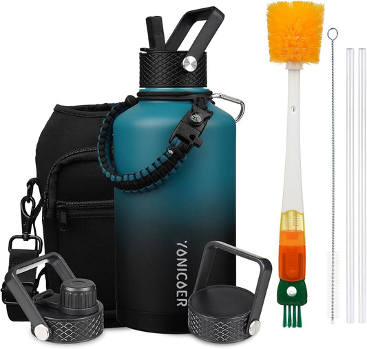 Insulated Water Bottle 64oz,Triple Wall Vacuum Stainless Steel(Dishwasher Safe),Leak Proof & Non-BPA,Flask Jug with Paracord Handle & Straw Spout Lids Sports