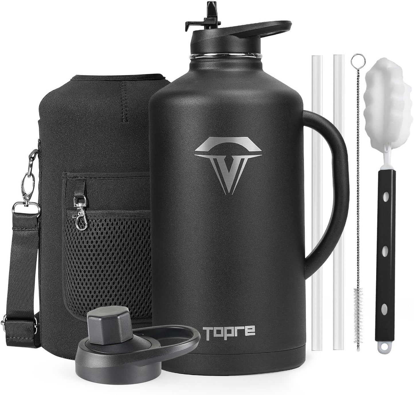 128 oz Insulated Water Bottle with Straw and Lid, One Gallon Stainless Steel Cup with Handle,Leakproof Metal Travel Jug Flask Mug Tumbler Cup With Carry Pouch and Brush,Keep Cold & Hot,Black