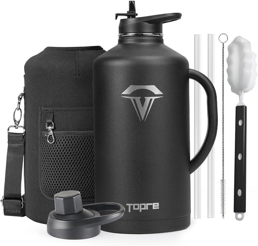 128 oz Insulated Water Bottle with Straw and Lid, One Gallon Stainless Steel Cup with Handle,Leakproof Metal Travel Jug Flask Mug Tumbler Cup With Carry Pouch and Brush,Keep Cold & Hot,Black