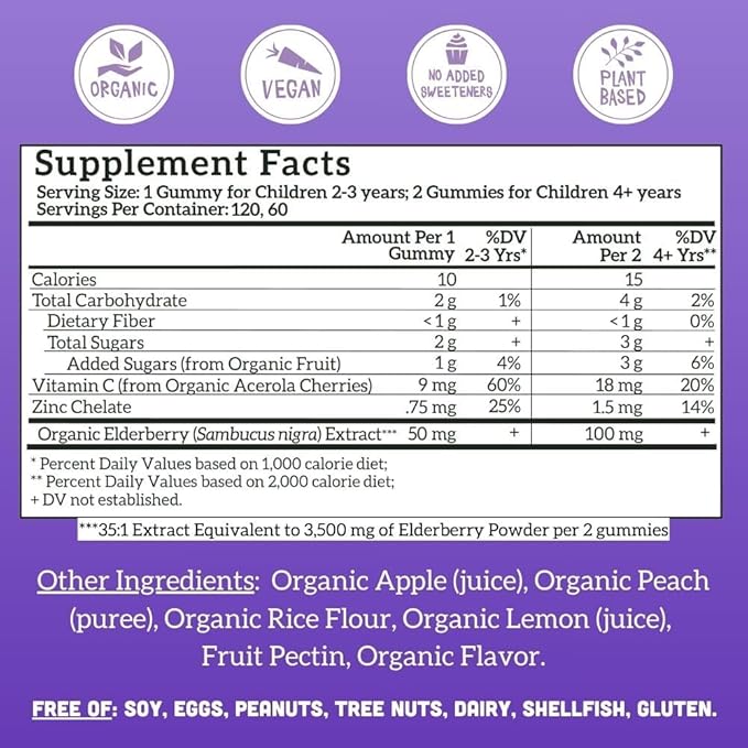 Llama Naturals Elderberry Gummies for Kids, Vegan, Organic Immune Support Supplement with Vitamin C and Zinc, Toddler Real Fruit Gummy Vitamins for Immunity, Chewable, No Added Sugar Cane, 120 Ct