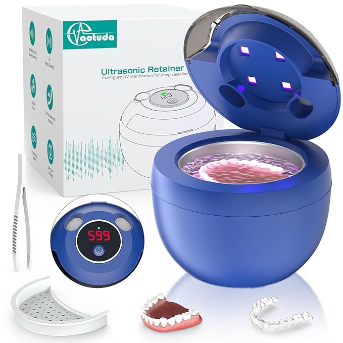 45kHz Ultrasonic Retainer Cleaner Machine, 200ML Denture Cleaner, 4 Modes with Digital Timer Mouth Guard Cleaner for Aligner, Night Guard, Braces, Toothbrush, Jewelry and More (Navy Blue)