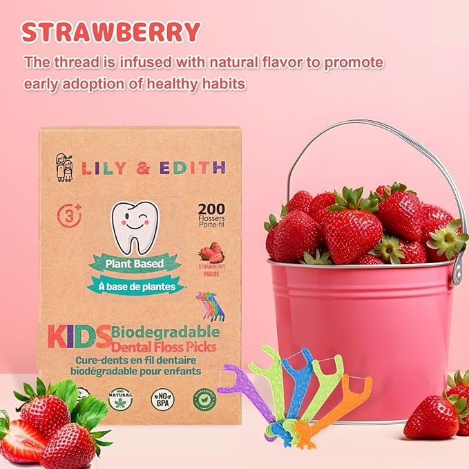 LILY & EDITH Kids Plant Based Dental Floss Picks 200 Counts, Fluoride Free, Corn Starch Material, Chemical Free, Fun Animal Flossing Sticks, Ultra Sturdy Thread, Zero Waste Package (Strawberry)