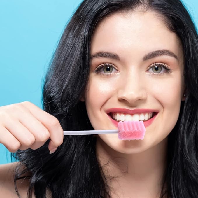 100 Pcs Disposable Mouth Swabs Sponge, BVN Oral Swabs, Oral Care Swabs Disposable, Mouth Swabs, Unflavored and Sterile Disposable Dental Swabsticks for Mouth Cleaning, Sawtooth-Shaped Pink.