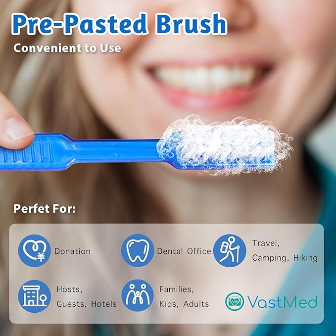 100 Pcs Disposable Pre-Pasted Toothbrushes Individually Wrapped Pre Pasted Toothbrush | Single Use Waterless Tooth Brush for Hotel, Camping, Homeless Gift