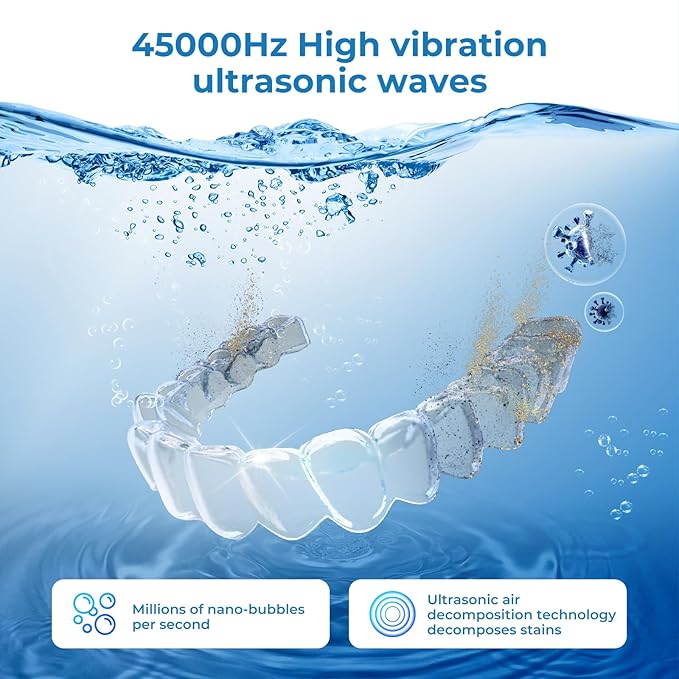 Ultrasonic Retainer Cleaner Machine, 45kHz Dental Cleaning Pod for Denture, Mouth Guard, Night Guard, Aligner, Braces, Toothbrush, 200ML Denture Cleaner with Digital Timer & 4 Modes, White