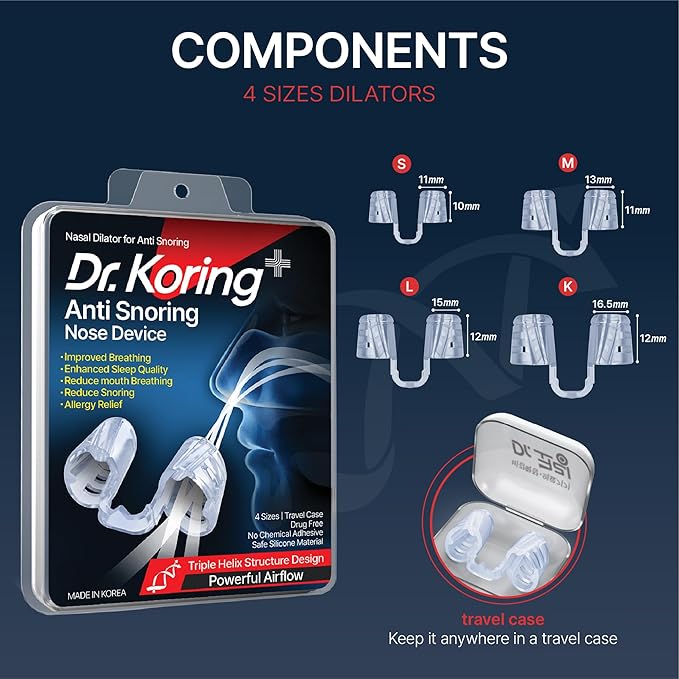 Dr. Koring Snoring Solution Nasal Dilators for Sleeping Snore Stopper Device Clip (Made in Korea) (Helical Design) (100% Silicone) (4 Sizes) – Anti Devices Nose Strips Alternative Breathing