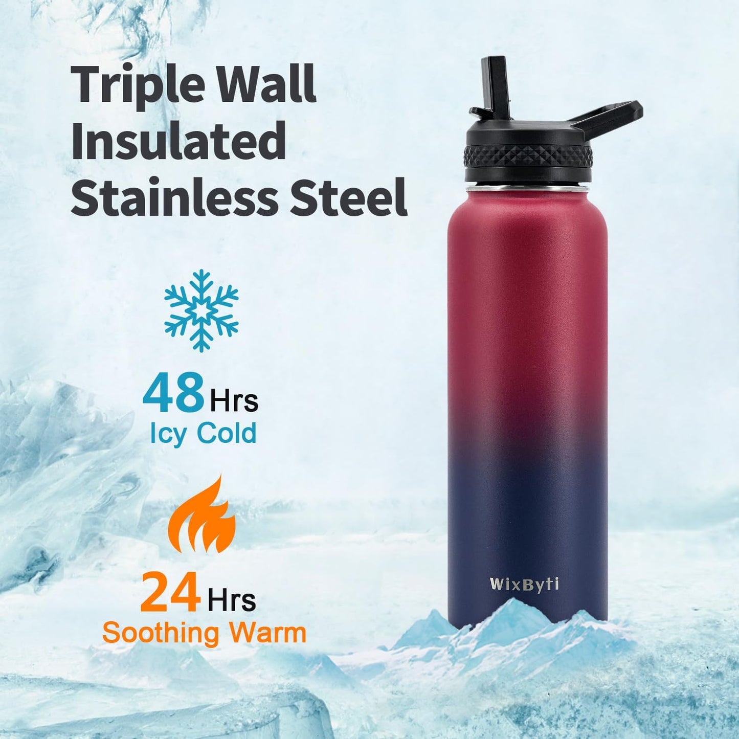 40 oz Insulated Water Bottle with Straw (Cold for 48 Hrs), Stainless Steel Triple Wall Vacuum Sports Water Jug, Leakproof Hydro Cup Flask with Paracord Handle & Straw Spout Lids & DIY Stickers