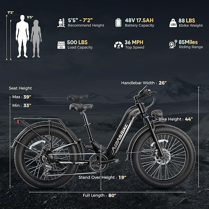 M1 Pro Electric Bike, 1800W Peak Motor Electric Bike for Adults, 48V 17.5Ah, 26'' x 4.0'' Fat Tire Electric Mountain Bike, Ebike with 85 Miles, 36MPH, 7 Speed 110Nm and Dual Suspension