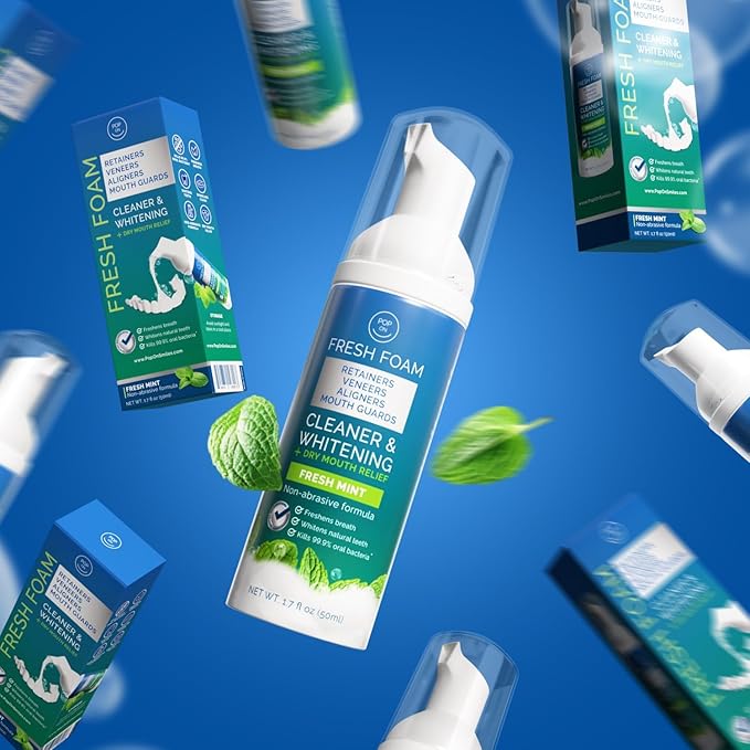 Aligner & Retainer Cleaner Fresh Foam – Dry Mouth Relief, Compatible with All Clear Aligners, Retainers, Mouth Guards, Night Guards, Veneers, Whitens, Freshens, 3% Hydrogen Peroxide, Mint - 50ml 3pcs