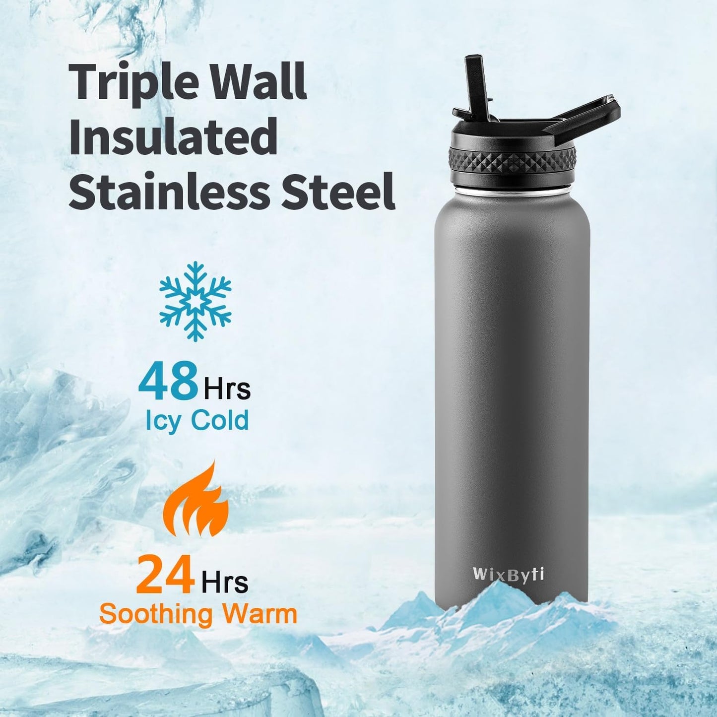 40 oz Insulated Water Bottle with Straw (Cold for 48 Hrs), Stainless Steel Triple Wall Vacuum Sports Water Jug, Leakproof Hydro Cup Flask with Paracord Handle & Straw Spout Lids & DIY Stickers