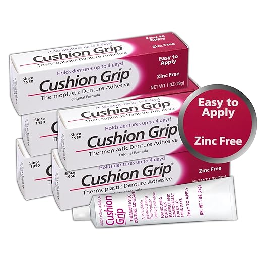 Cushion Grip Thermoplastic Denture Adhesive 1oz (5 Pack)–Extra Strong Hold Up to 4 Days, Unmatched Strength, Waterproof & Zinc Free, Relieves Sore Gums, Comfortable Refit, Long Lasting Denture Refit