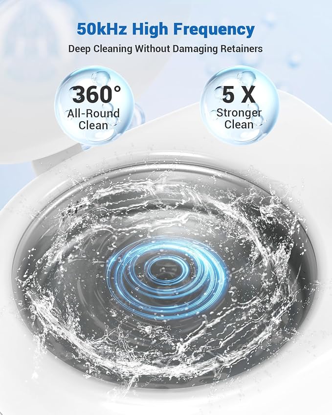 Rechargeable Ultrasonic Retainer Cleaner Machine | 50kHz 1.9 inch Ultra-Thin Portable | Night Guard Aligners Jewelry |6pcs Cleaner Tablets Included | Quick & Deep Clean Modes | Oral Dental Care