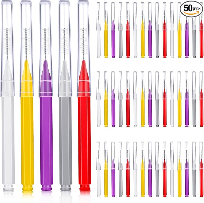 Patelai 50 Pieces Interdental Brush for Cleaner Braces Brush Toothpick Dental Tooth Flossing Head Oral Dental Hygiene Flosser Toothpick Cleaners Tooth Cleaning Tool(Red, Purple, Yellow, Gray, White)
