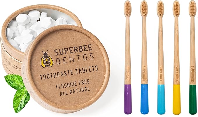 SuperBee Dentos Toothpaste Tablets & Biodegradable Bamboo Toothbrushes, 100 Tabs, Fluoride Free & Eco Friendly, Travel Mouthwash Tablets, Sensitive Bites Kids Adults