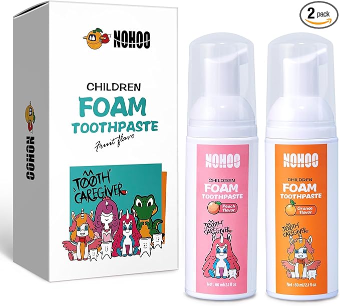 NOHOO Fluoride Free Foam Toothpaste Kids Fruit Flavour,Natural Training Toothpaste for Baby Toddler Children Oral Cleaning and Cavity Protection(Orange + Peach)