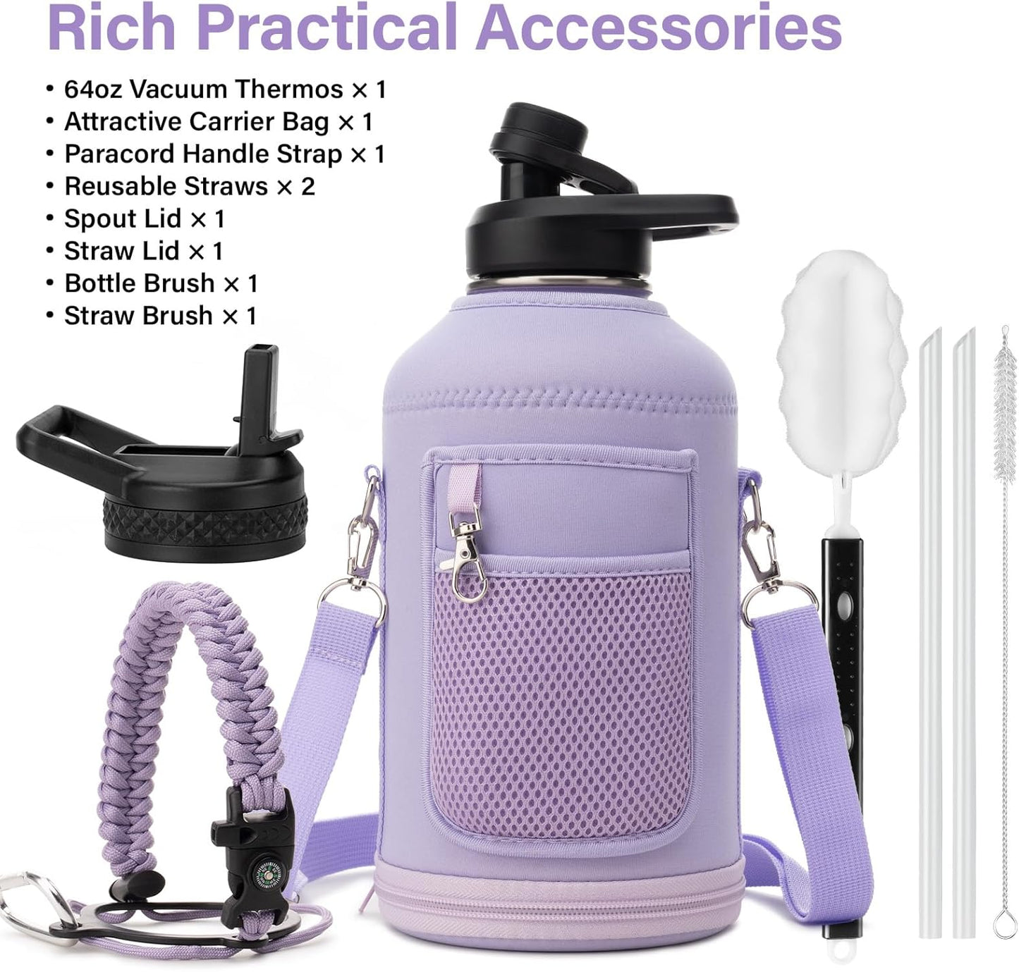 Insulated Water Bottle | Thickened Stainless Steel Vacuum Metal | Portable Sports Half Gallon Large Water Jug for Gym and Hiking with Straw, Carrier Bag, Handle Strap | BPA-Free 64 oz