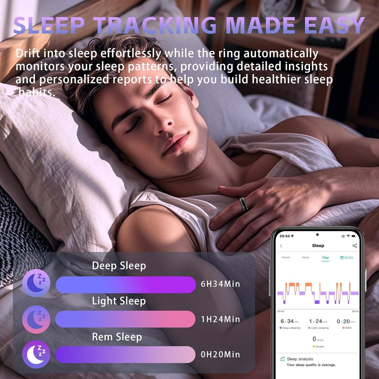 Activity Tracker Ring for Men – Smart Ring with Heart Rate, SpO2, Blood Pressure, Sleep Monitoring, Step & Calorie Counter, 5ATM Waterproof, No Subscription Fee (Black, 8)