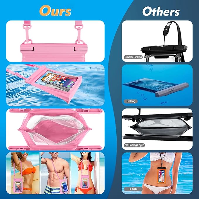 Large Waterproof Phone Pouch [with Sealing Strip], Cell Phone Dry Bag for iPhone 16 15 14 13 Pro Max Galaxy S25 S24 S23 All Devices, Floating Water Proof Bag for Beach Water Park Pink